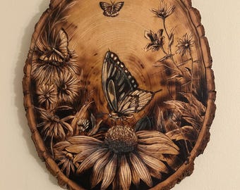 Butterfly Pyrography Wood Slice: Wildflower Nature Art