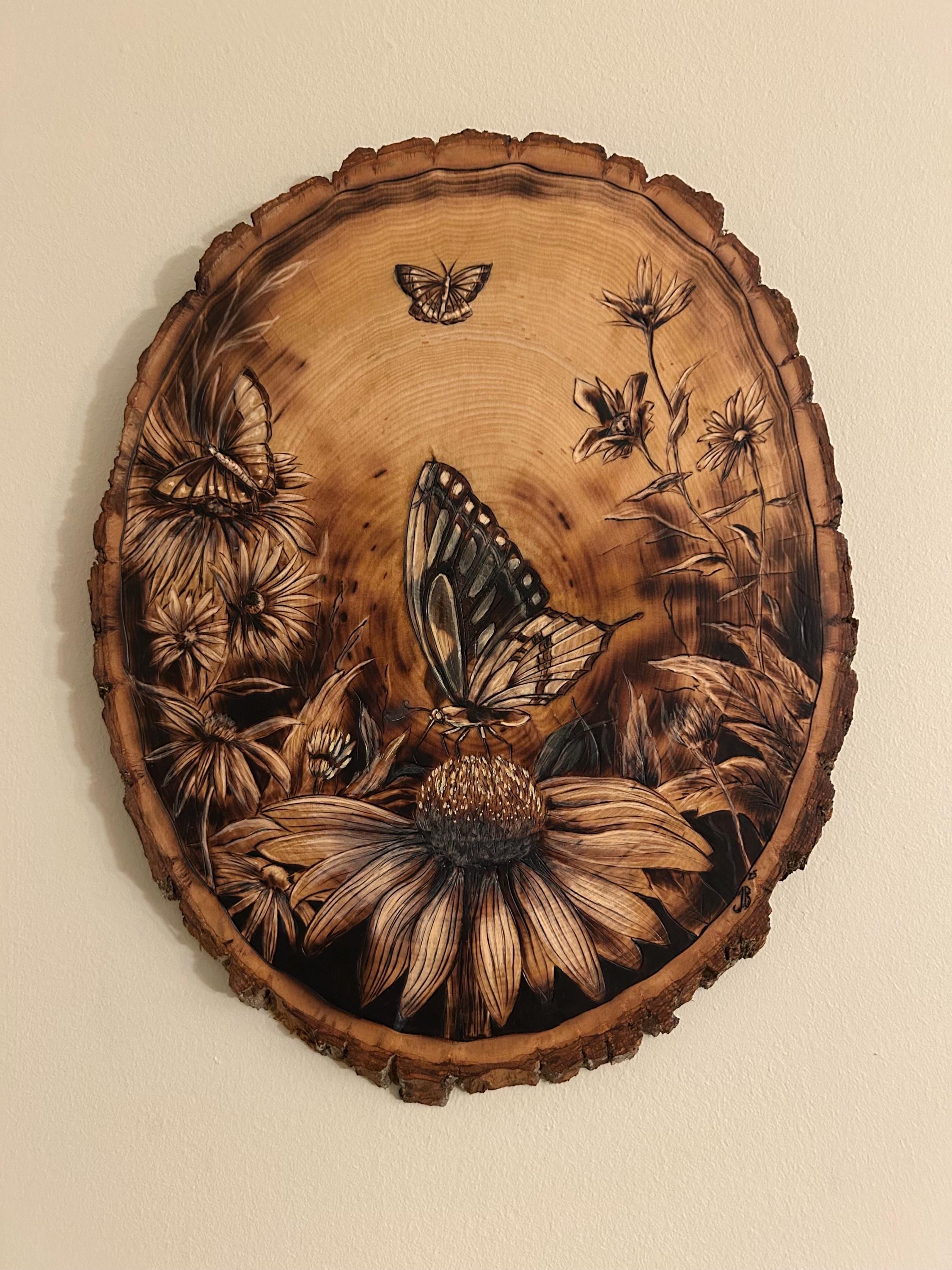 Butterfly Pyrography Wood Slice: Wildflower Nature Art - Etsy