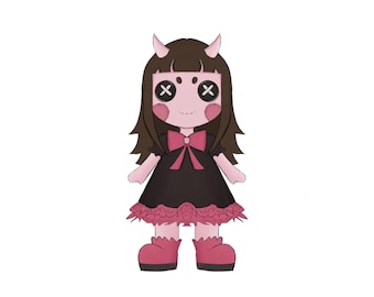 Rag-Doll Pastel Goth Demon Chibi Adoptable | Cute Creepy Doll Character Design | Halloween Anime Girl OC | Commercial Use Art PNG