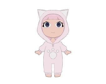 Chibi Cat Onesie Adoptable | Cute Pastel Pink Neko Character Design | Kawaii Anime Girl OC | Digital Download Art Asset PNG