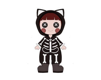 Chibi Skeleton Cat Adoptable | Cute Goth Neko Character Design | Spooky Anime Catgirl OC | Digital Art Download PNG Asset