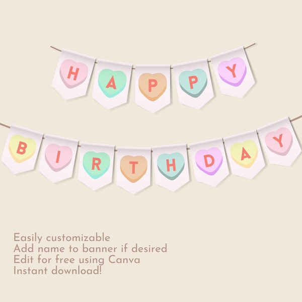 Happy Birthday Banner - Little Sweetheart theme INSTANT DOWNLOAD, conversation hearts, candy-themed party, hearts, pastel colors, 1st