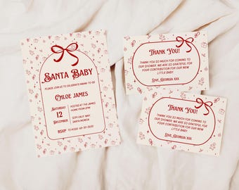 Könnte beinhalten: Zwei rote und weiße Weihnachts-Babyparty-Dankeskarten mit einer roten Schleife und dem Text "Danke!" und "Vielen Dank, dass Sie zu unserer Babyparty gekommen sind. Wir sind sehr dankbar für Ihren Beitrag für unser neues Baby. Liebe Grüße, Georgia XXX".