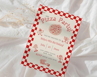 May include: A red and white chequered invitation for a pizza party. The invitation reads "Pizza Party!" and includes the text "You're invited to Milo's 9th Birthday!" The date and time of the party are July 24th at 10am. The invitation also includes the address 1234 James Place, New York and the RSVP information: Katie 1234 5678.