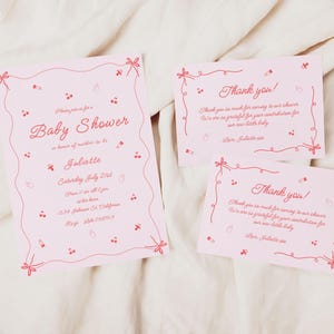 Tarjetas de agradecimiento, tema Ma Cherie, descarga instantánea, tarjetas de agradecimiento para baby shower, cereza en la cima, 5" x 3.5", moños y bebé, tema femenino