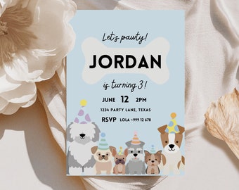 May include: A blue and white birthday party invitation with the text "Let's pauty! JORDAN is turning 3!"  The invitation features a bone-shaped graphic with a dog paw print and a group of cartoon dogs wearing party hats.