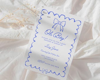 Oh Boy! Baby Shower Invitation, Blue Scallop, Bow (Digital Download)