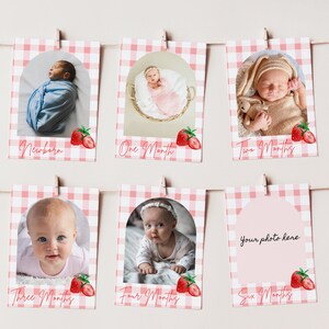 Berry eerste thema fotobanner, INSTANT DOWNLOAD, voeg je foto's toe, leeftijdstabel baby, verjaardagsfeestje aardbei, pastelkleuren, 1e verjaardag, decor