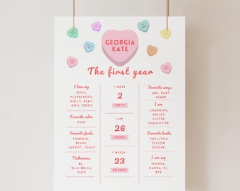 May include: A pink and white printable chart with the text "The first year" and a pink heart with the name "Georgia Kate". The chart lists information about a baby's first year, including favorite things, measurements, and milestones.