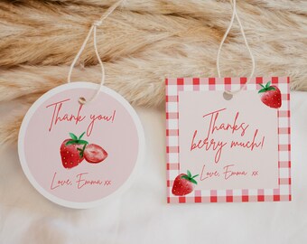 May include: Two pink and red thank you tags with strawberries. One tag is round and says "Thank you! Love, Emma xx". The other tag is square with a red and white gingham pattern and says "Thanks berry much! Love, Emma xx".