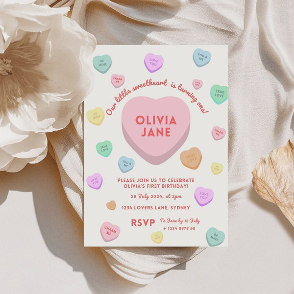 Our Little Sweetheart is One Birthday Invitation INSTANT DOWNLOAD 1st Birthday Invite Conversation Hearts Candy-Themed Party Hearts