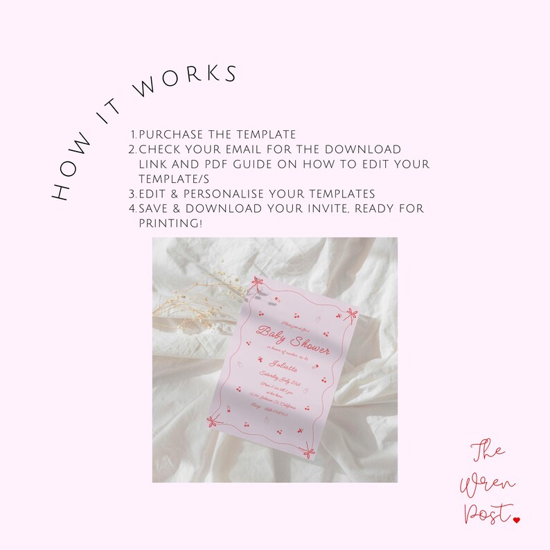 May include: A pink and white printable baby shower invitation template with a pink floral border and the text "Baby Shower" in pink. The text "The Wren Post" is in pink at the bottom of the image.
