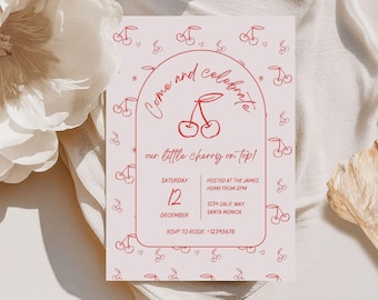 Cherry Baby Shower Invitation, Coquette Theme (Instant Download)