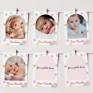 Sweet Heart Theme Photo Banner, INSTANT DOWNLOAD, Voeg uw foto's toe, Baby leeftijdsgrafiek, Conversation Hearts Birthday Party, Pastels, 1e verjaardag