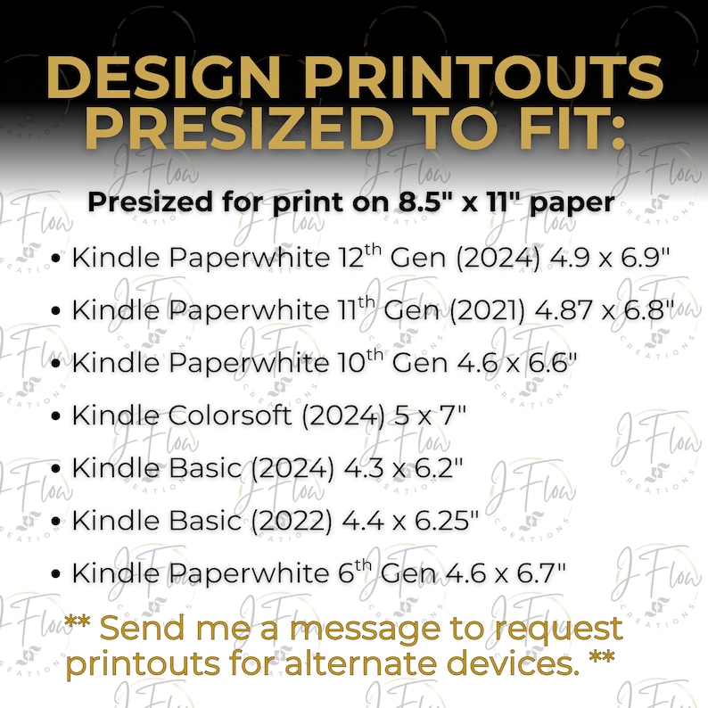 May include: Image with text: "DESIGN PRINTOUTS PRESIZED TO FIT: Presized for print on 8.5" x 11" paper." Lists Kindle Paperwhite and Kindle Basic models with dimensions in inches. Includes a message to request printouts for alternate devices.