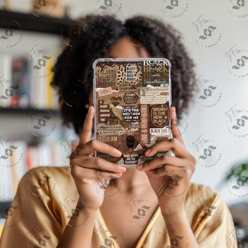 May include: A clear phone case featuring a collage of text and images with a Black history theme. The design includes phrases like "Black Girls Been Magic" and "Brown is the New Black," along with butterfly and leopard print accents.