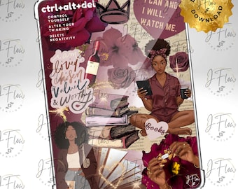 Burgundy Bookish Black Girl Printable Kindle Insert - DIGITAL DOWNLOAD