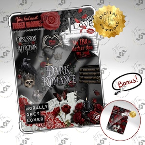 May include: A rectangular digital download graphic featuring a dark romance theme with red roses, a skull, a raven, and text including "You had me at TRIGGER WARNINGS," "DARK ROMANCE," "MORALLY GREY LOVER," and "My TBR is darker than my soul."