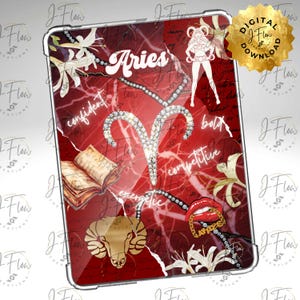 Può includere: Un design di download digitale a tema Ariete rosso e bianco. Il design presenta la parola "Aries", un simbolo di ariete tempestato di diamanti e le parole "confident", "competitive", "energetic" e "bold". Include un badge di download digitale dorato.
