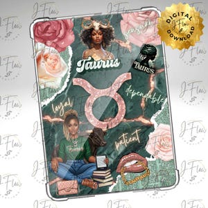 May include: A digital download featuring a Taurus zodiac design. The design includes illustrations of women, roses, and a bull, with the words "Taurus", "loyal", "dependable", and "patient". The background has a marble effect.