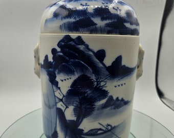 Vintage Chinese Tea Canister, 7.5&quot; Cobalt Blue and White Hand Painted Tea Caddy with Inner and Outer Lids