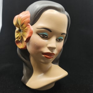 Mid Century Hawaiian Polynesian Ceramic hand-painted Lady  bust with Hibiscus Flower