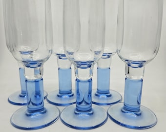 Juego de 6 copas de champán/vino Bormioli Rocco azules vintage con tallo.