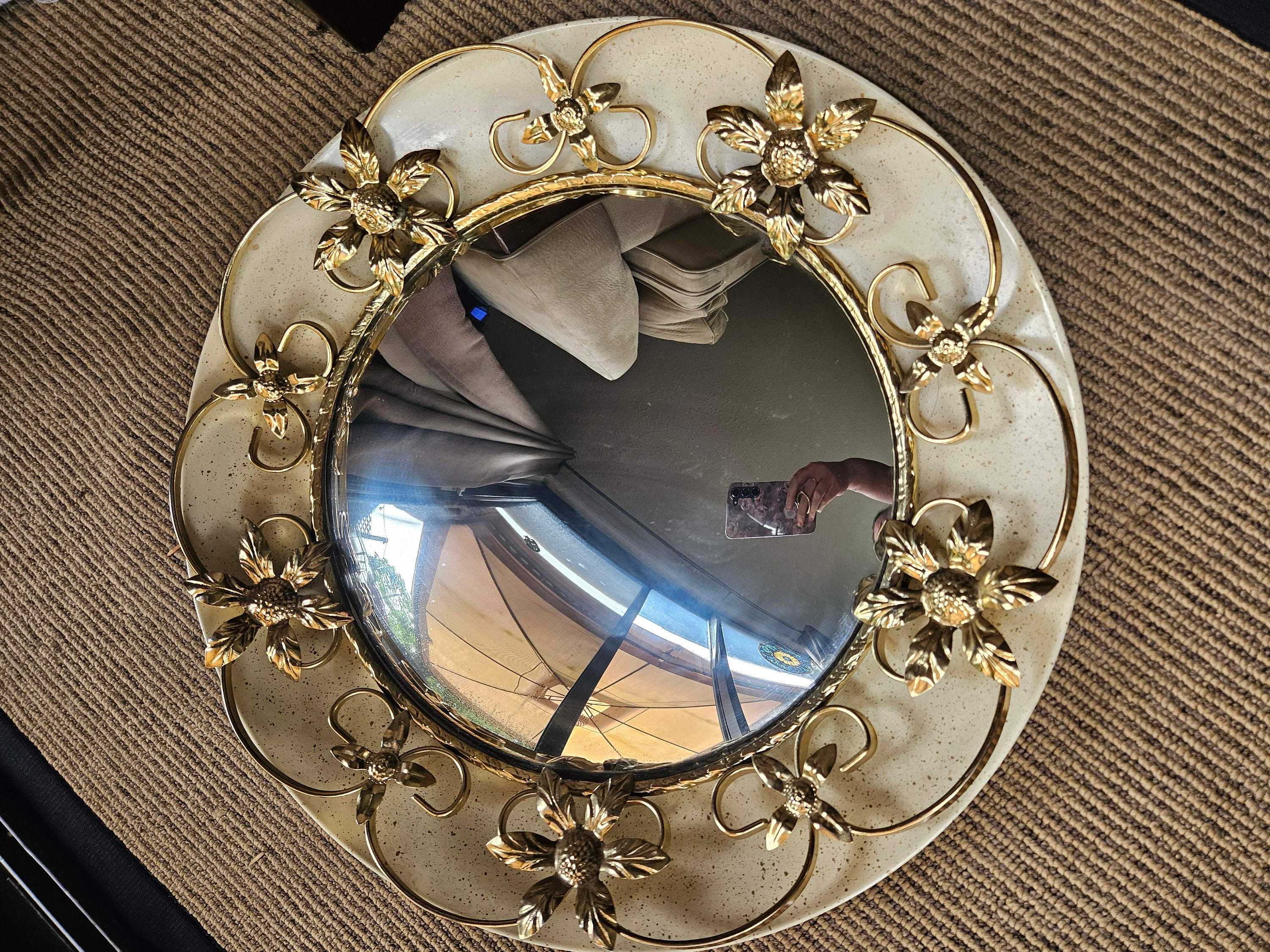 Vintage Convex Mirror: Gold Brass Flower Scroll Frame, Made
