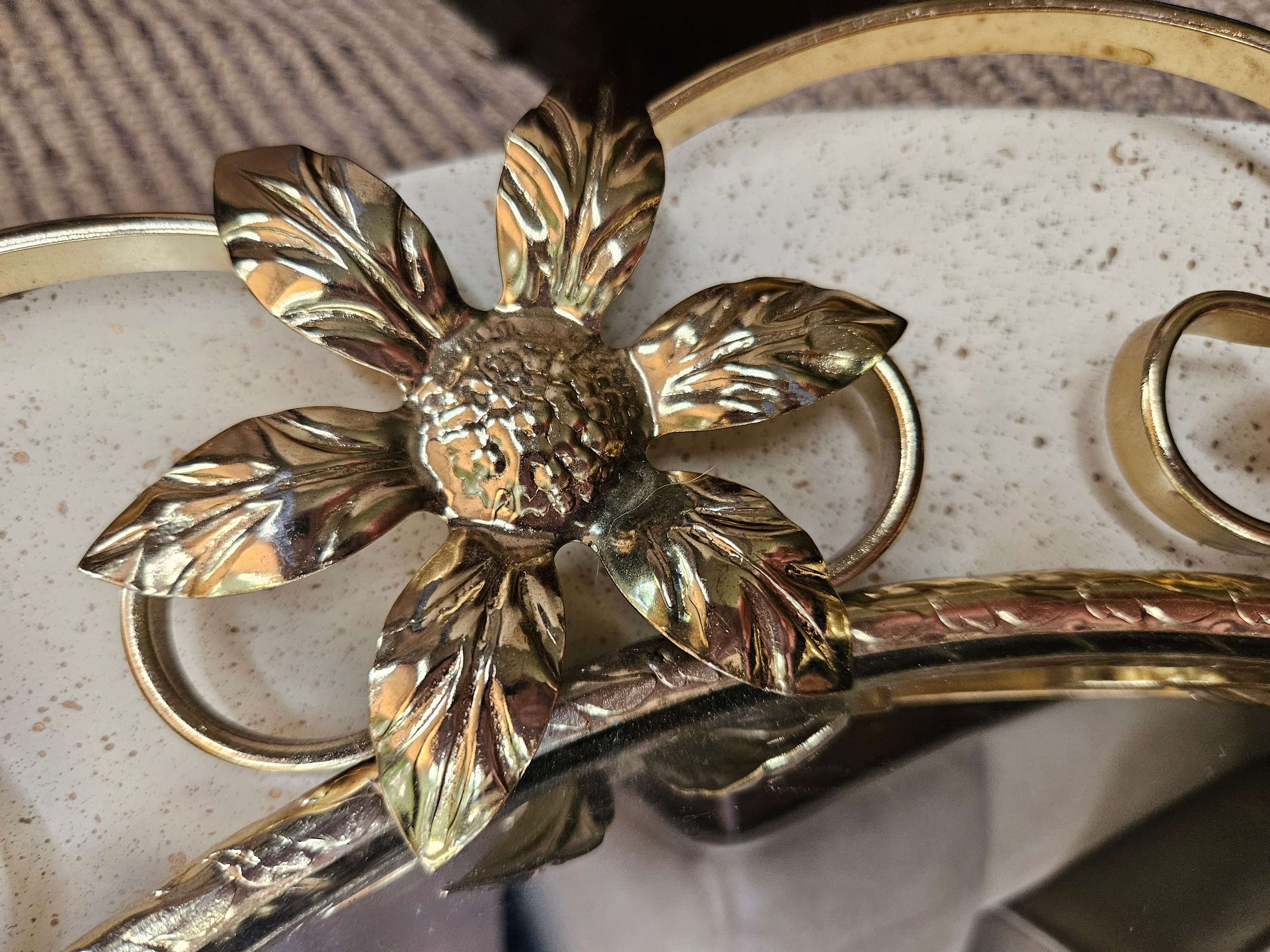 Vintage Convex Mirror: Gold Brass Flower Scroll Frame, Made in