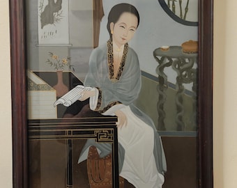 中国ガラス絵　琵琶を演奏する女性　裏絵ガラス　アンティーク アンティークの中国製オリジナル裏面塗装済み絵画「水辺の女性と睡蓮