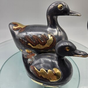 Pair of Vintage Pewter Brass Duck Box,  Figurines,  Covered Duck Dish, Duck Trinket Box, Paperweights.
