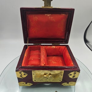 Vintage Chinese  Rose Wood lacquered jewelry Box with inlay Jade and brass ornaments. Decorative Jewellery Organizer Box with lock and key
