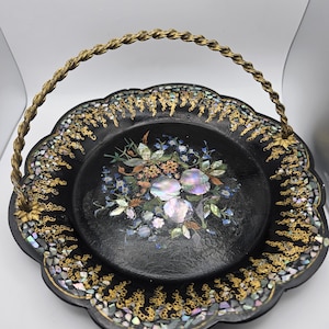 Victorian Papier Mache Mother of Pearl Inlay Dish with handle.
