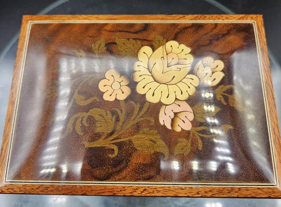 ヴィンテージ イタリア製 象嵌入り 木製 花柄 オルゴール ジュエリー