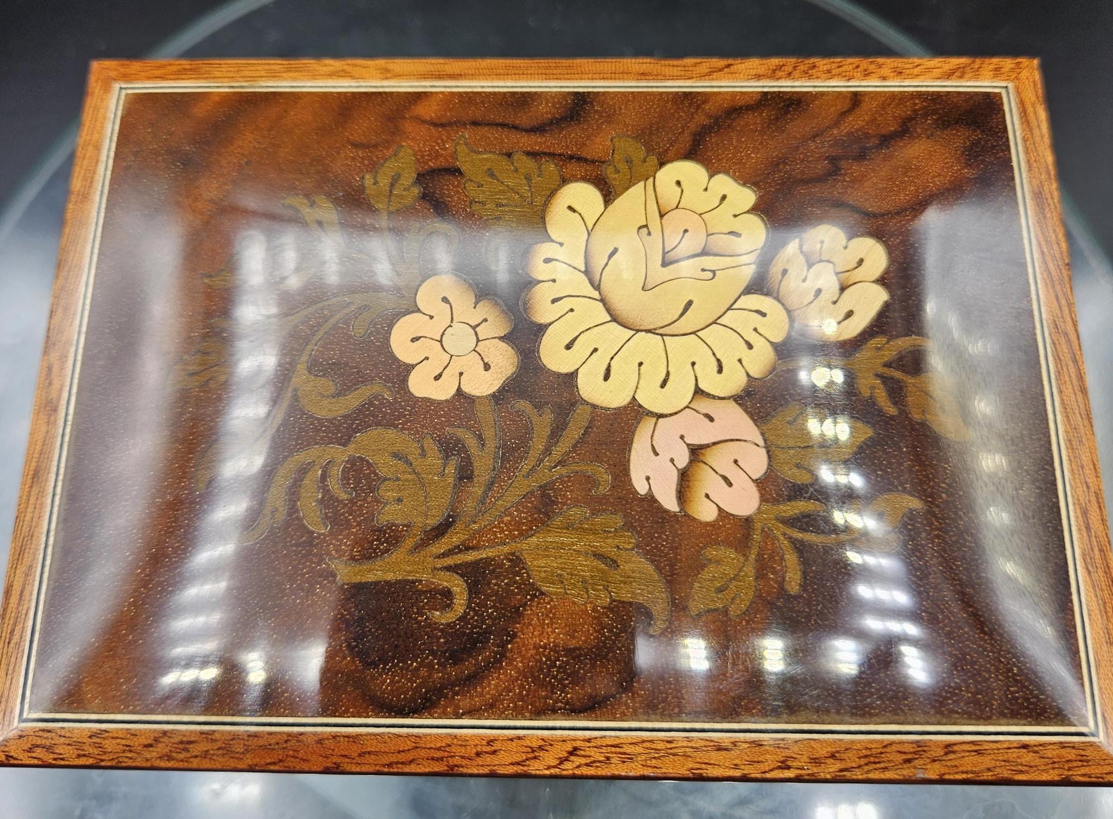 ヴィンテージ イタリア製 象嵌入り 木製 花柄 オルゴール ジュエリー