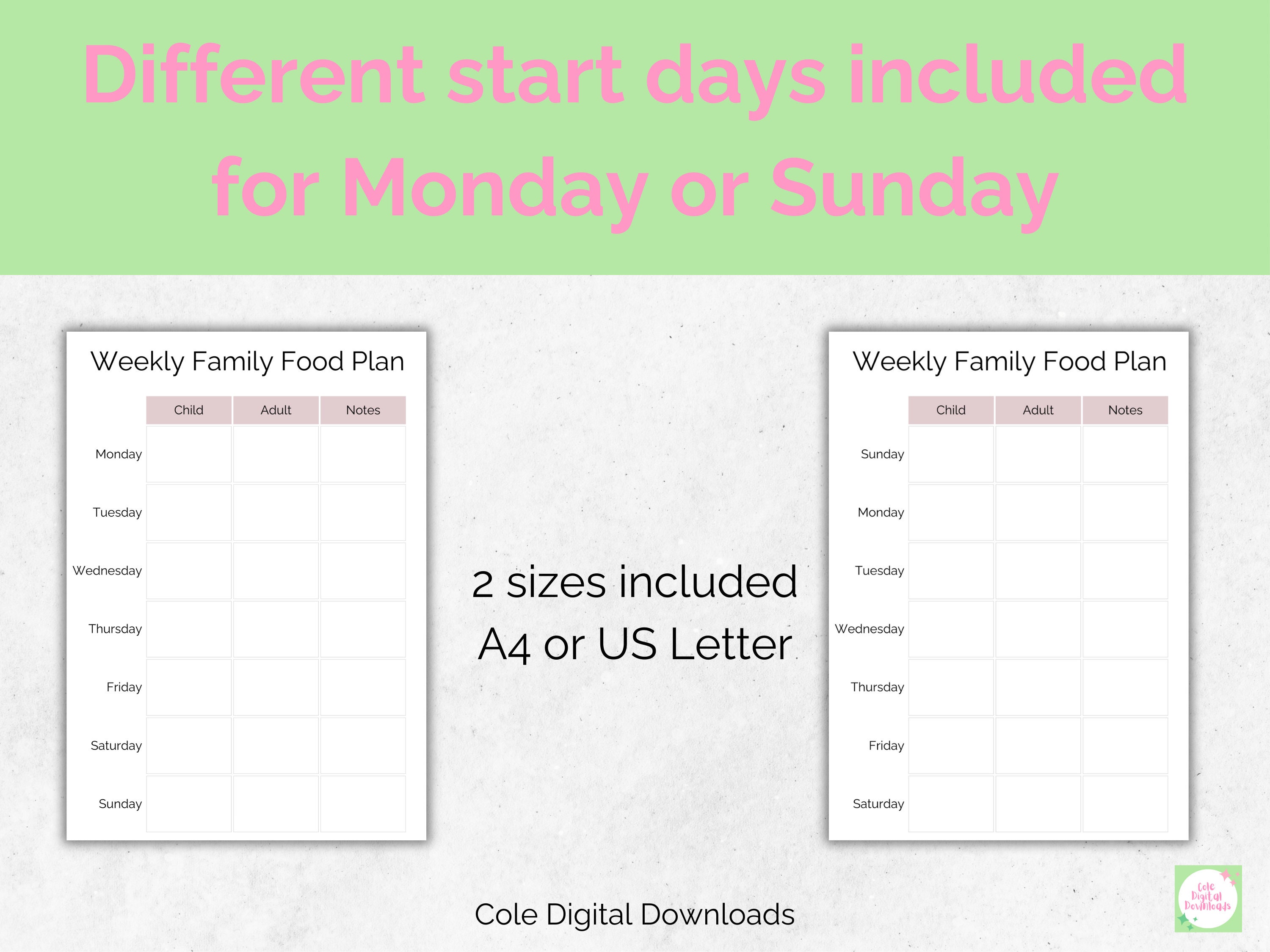 Printable Weekly Family Meal Planner With Child and Adult Sections ...