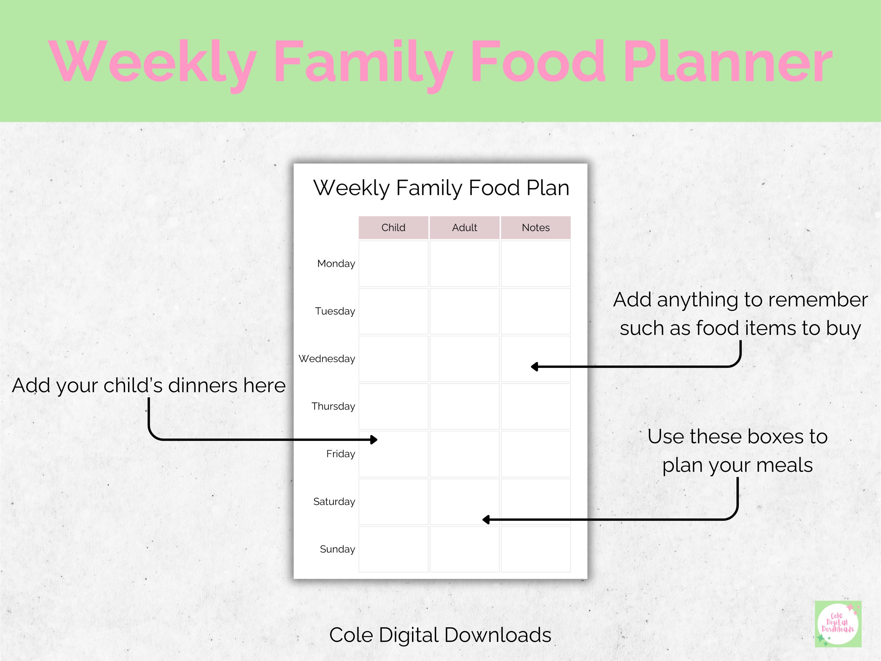 Printable Weekly Family Meal Planner With Child and Adult Sections ...