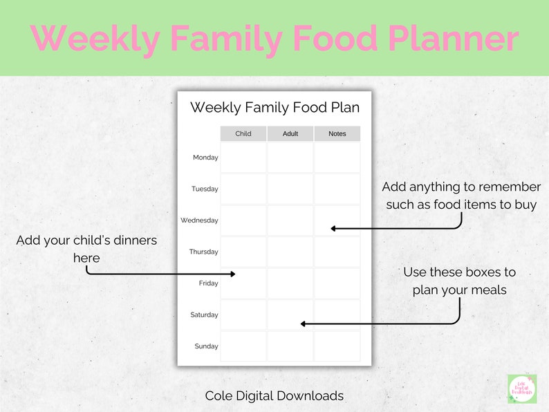 Printable Weekly Family Meal Planner With Child and Adult Sections - Etsy