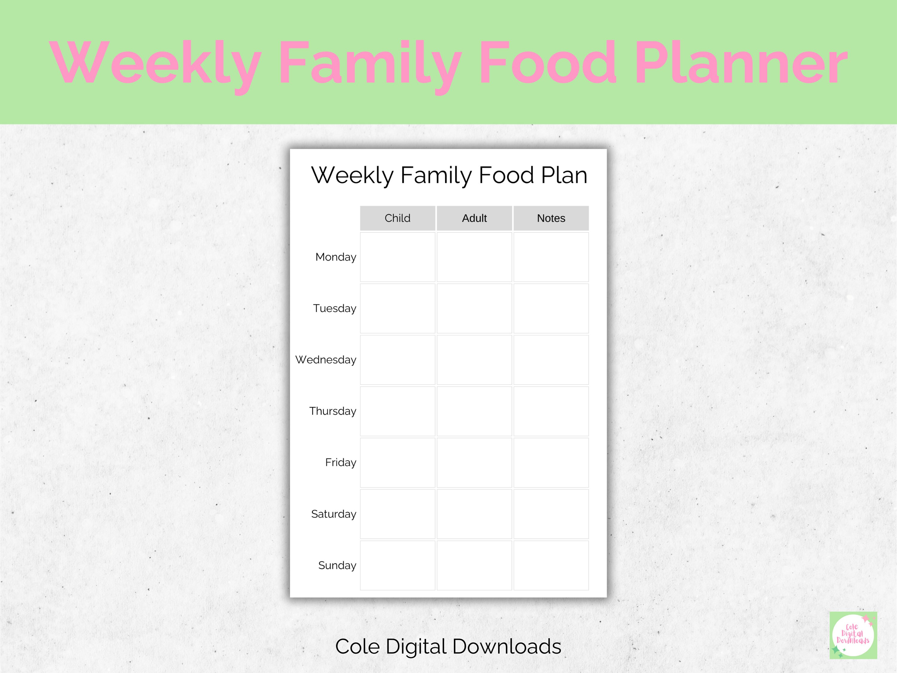 Printable Weekly Family Meal Planner With Child and Adult Sections - Etsy