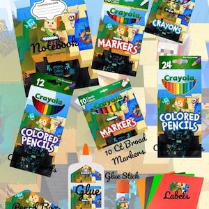 Puede incluir: Una colección de útiles escolares con temática de Minecraft. Incluye un cuaderno, crayones Crayola, marcadores, lápices de colores, pegamento, una barra de pegamento, etiquetas y un estuche. Los productos están decorados con personajes y paisajes de Minecraft.