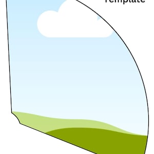 以下が含まれることがあります： 空と風景のデザインのパーティーハットテンプレート。テンプレートは、白い雲と緑の丘がある青い空を特徴としています。「Party Hat Template」というテキストは黒色です。
