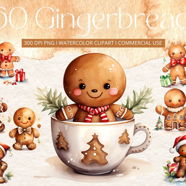 60 acquerello Gingerbread Man Png, Clipart di Pan di zenzero, Clipart invernale, Png di Natale carino, Sfondo trasparente, Clipart della casa di pan di zenzero