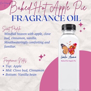 May include: A clear glass bottle with a black lid and a white label that says "Lanlu Aroma Baked Hot Apple Pie". The label also features a colorful butterfly with floral accents. The text "Baked Hot Apple Pie Fragrance Oil" is written in large, bold letters at the top of the image.