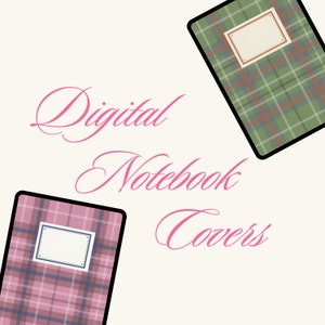 Könnte beinhalten: Zwei digitale Notizbuchcover mit karierten Mustern. Ein Cover ist grün und braun, das andere ist rosa und grau. Beide Cover haben ein weißes Etikett mit schwarzem Rand.