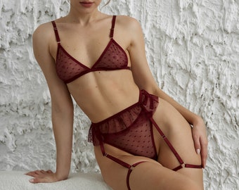 Sheer bralette, Transparent lingerie, Bralette and panty set, Mesh panty, Lingerie see through, Burgundy lingerie set, Lingerie with garters