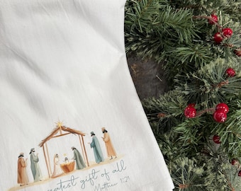 Paño de cocina navideño con escena de la Natividad, decoración con lazo