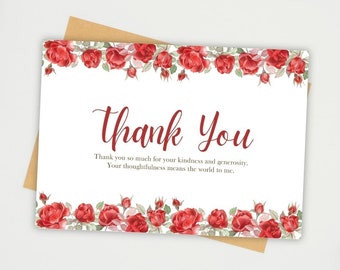 Carte de remerciement imprimable | Carte de remerciement floral rouge | Téléchargement instantané | Carte numérique| merci| thanks you card