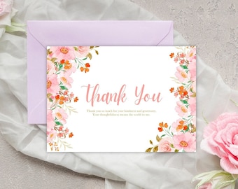 Carte de remerciement imprimable | Carte de remerciement floral | Téléchargement instantané | Carte numérique| merci