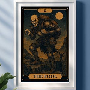 May include: A tarot card illustration of The Fool, a man in armor with a backpack, walking on a cliff edge. The card is in a dark, stylized design with a yellow background and the number 0 in the top right corner.