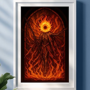 May include: A stained glass window depicting a fiery figure with a single eye in the center of its head. The figure is surrounded by flames and appears to be holding a staff.